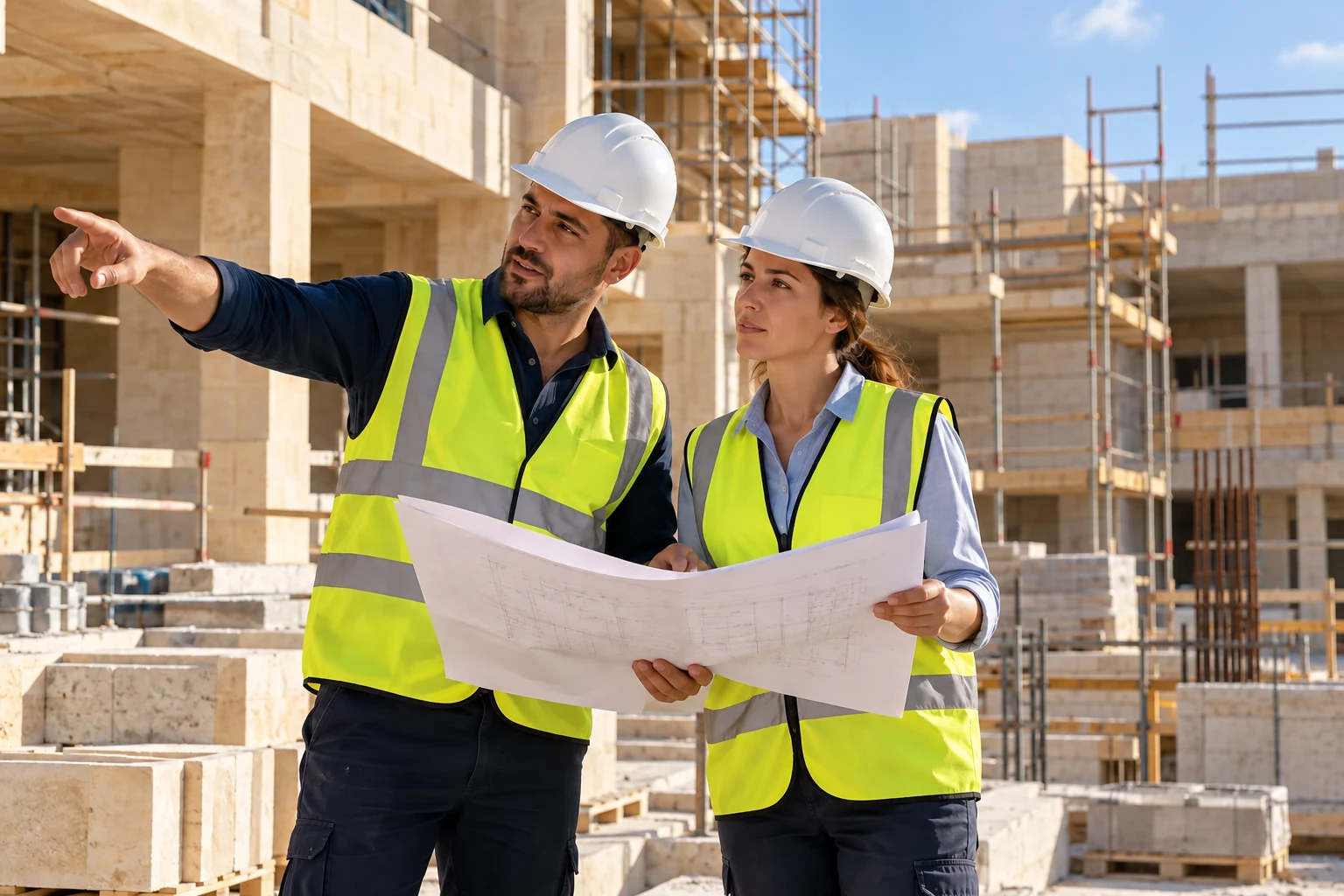 Construction professionals reviewing plans at an unfinished building site