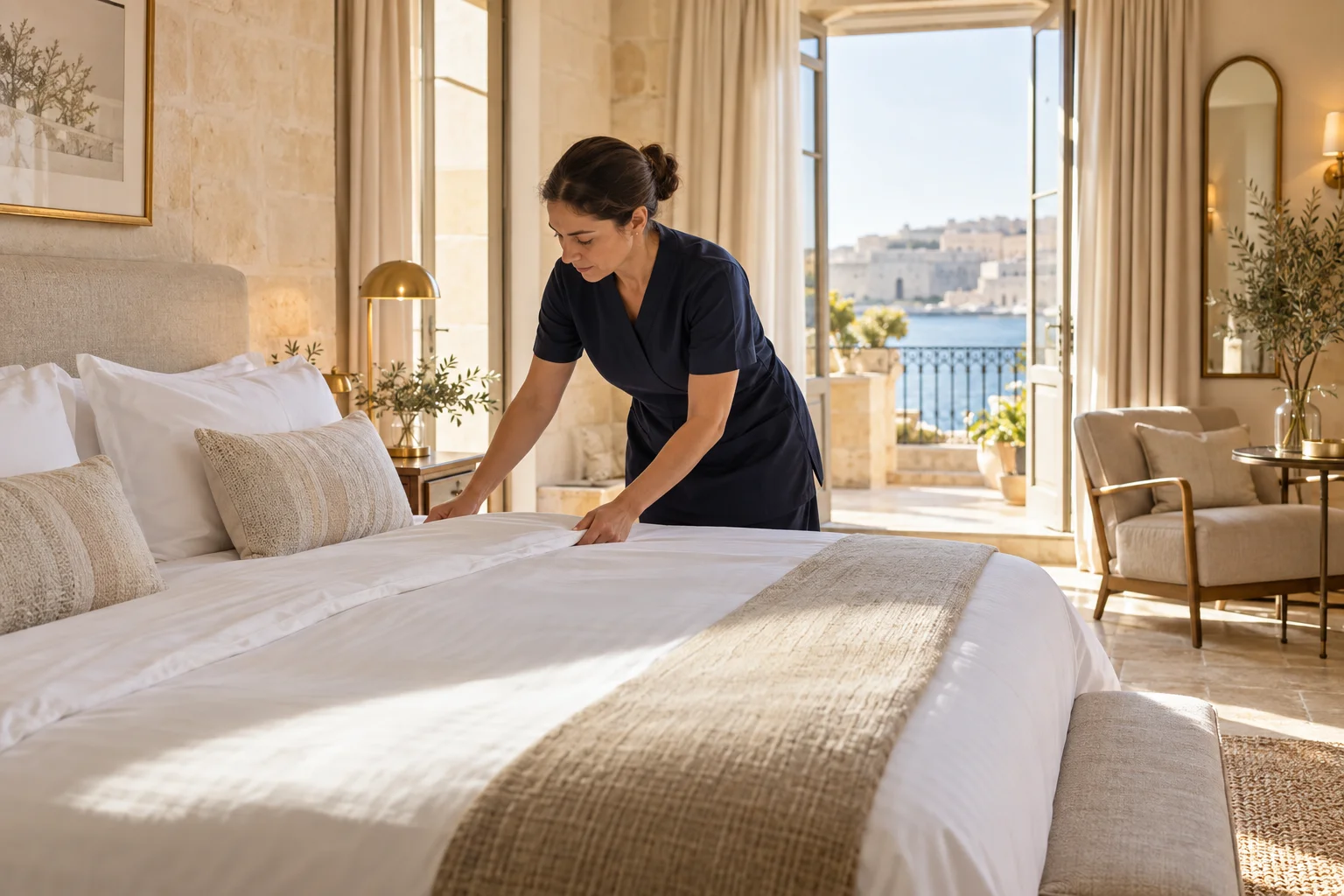 Housekeeping professional preparing a bright hotel room in Malta