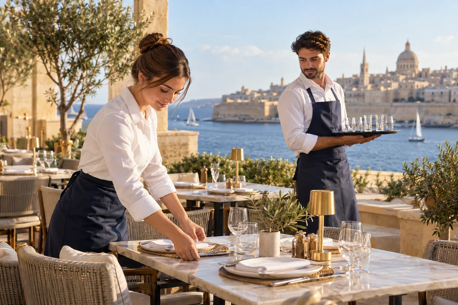 Hospitality professionals preparing an outdoor restaurant overlooking Malta’s harbour